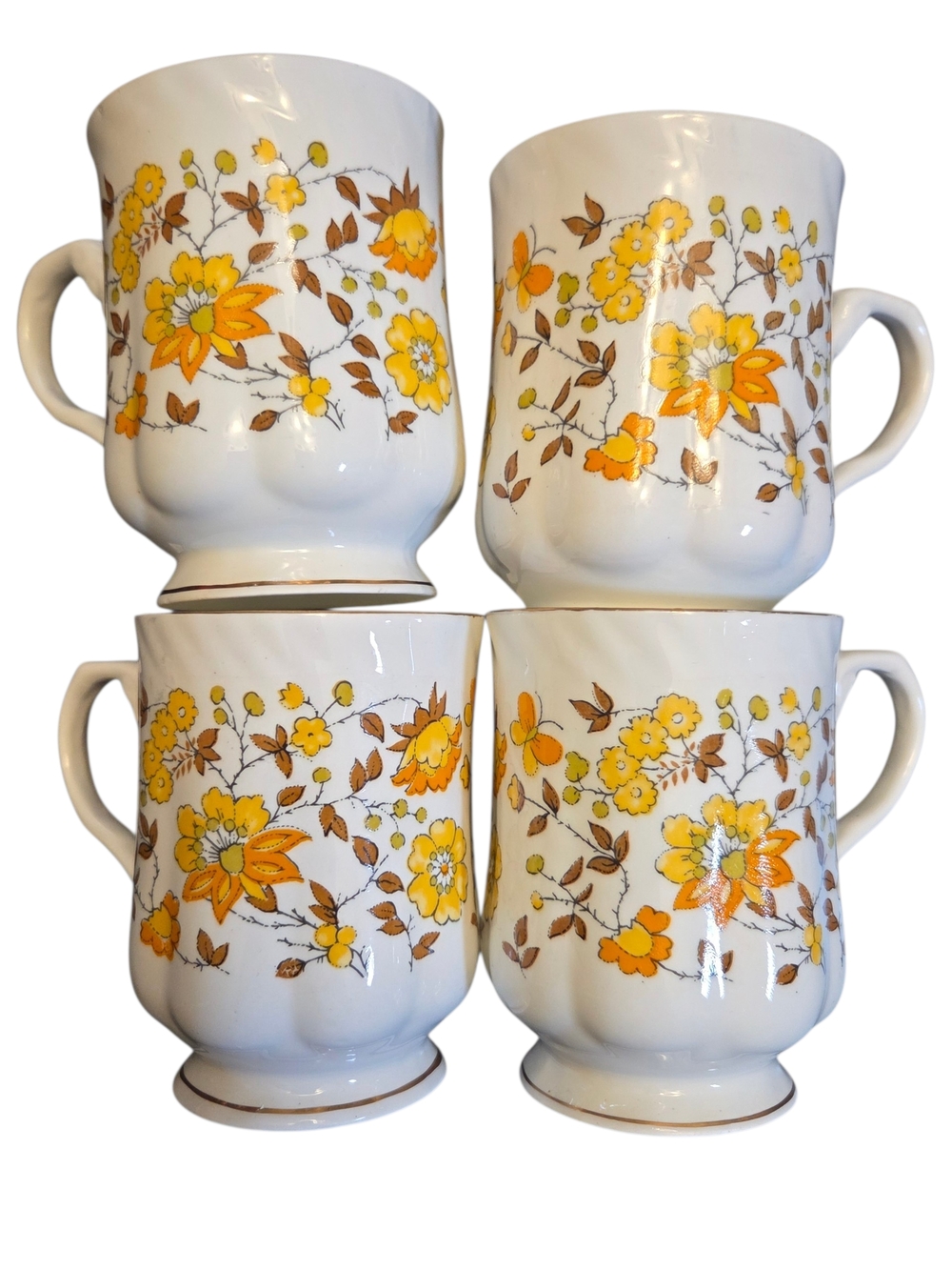 Hitkari 1970's Set of 4 White Ceramic Bone China Mugs In Wildflower Pattern